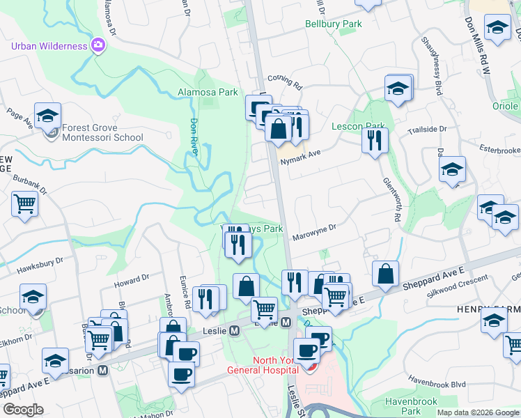 map of restaurants, bars, coffee shops, grocery stores, and more near 45 Adra Villaway in Toronto