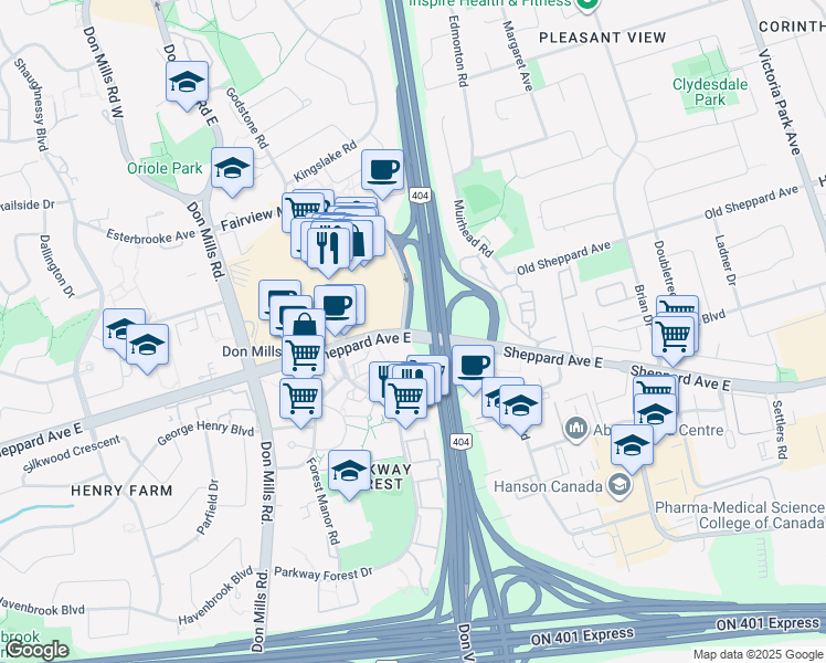 map of restaurants, bars, coffee shops, grocery stores, and more near 7460 Sheppard Avenue East in Toronto