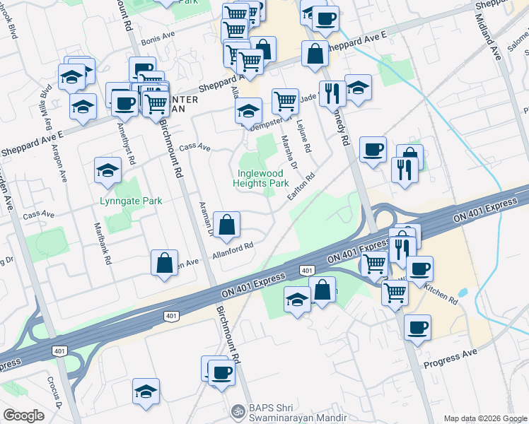 map of restaurants, bars, coffee shops, grocery stores, and more near 39 Earlton Road in Toronto