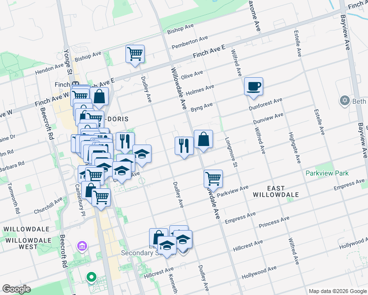 map of restaurants, bars, coffee shops, grocery stores, and more near in Toronto