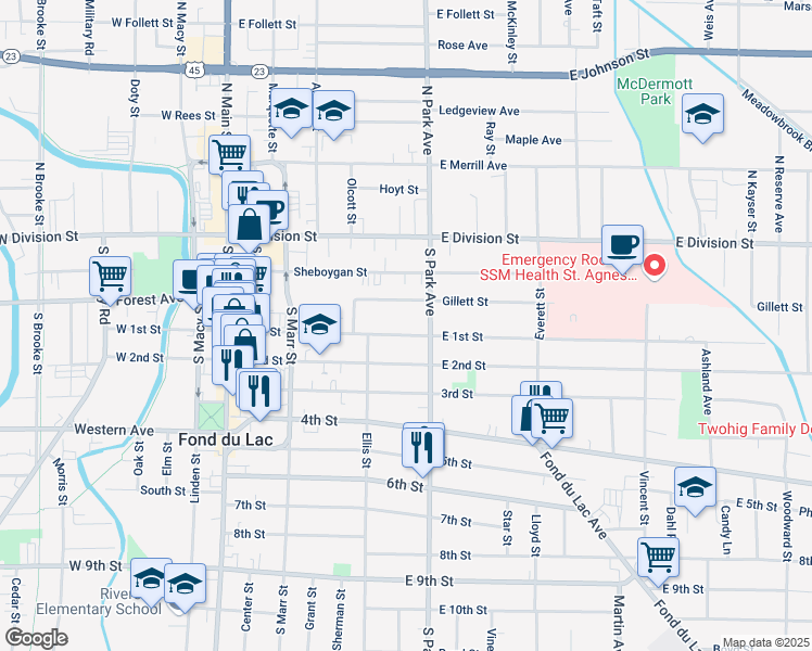 map of restaurants, bars, coffee shops, grocery stores, and more near 187 East 1st Street in Fond du Lac