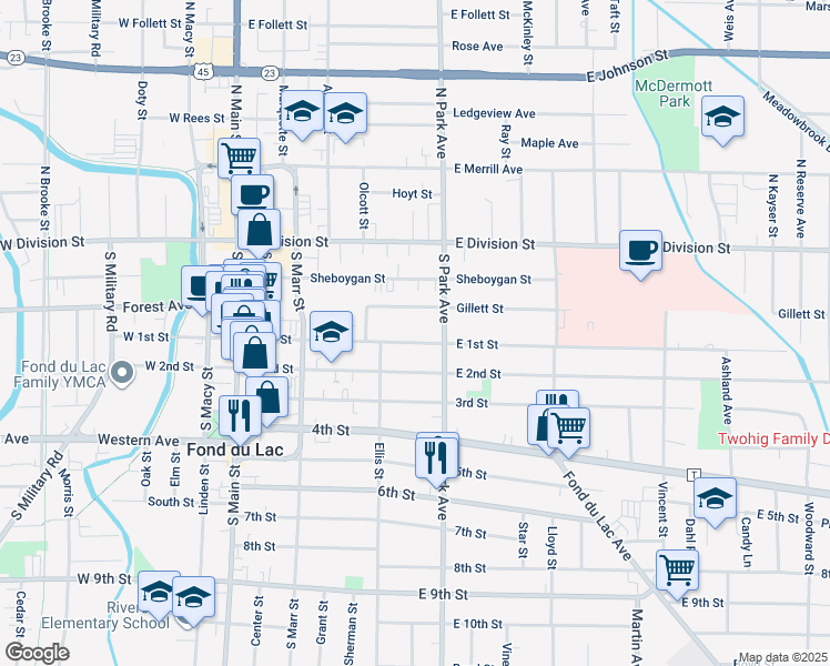 map of restaurants, bars, coffee shops, grocery stores, and more near 187 East 1st Street in Fond du Lac