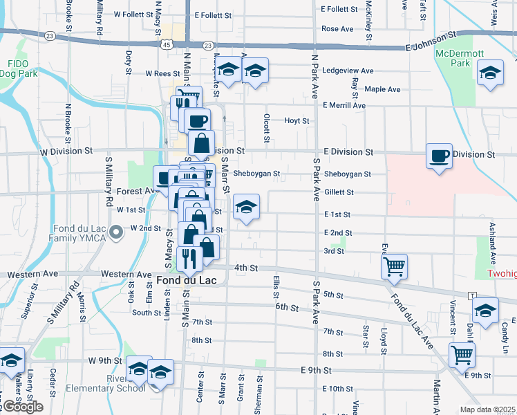 map of restaurants, bars, coffee shops, grocery stores, and more near 101 East 1st Street in Fond du Lac