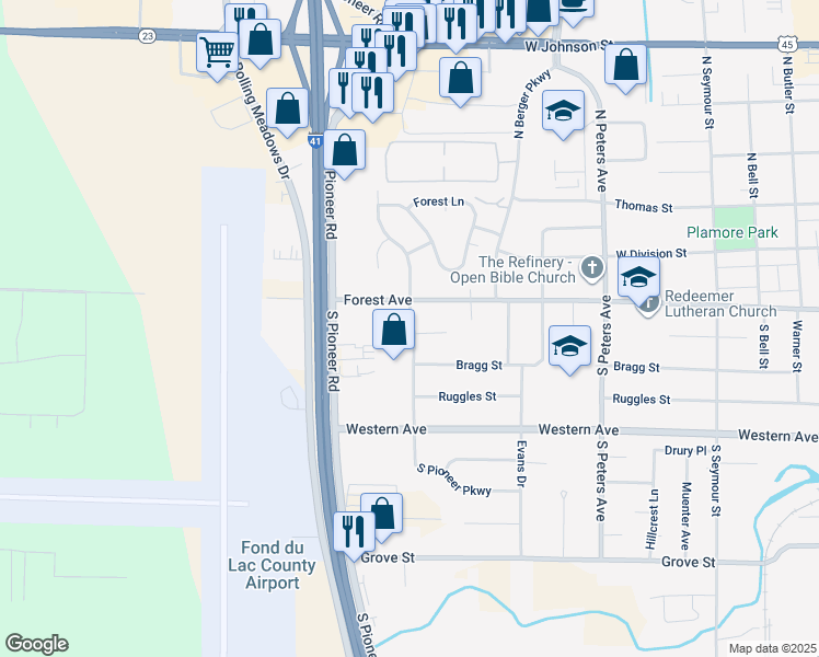 map of restaurants, bars, coffee shops, grocery stores, and more near 96 South Pioneer Parkway in Fond du Lac