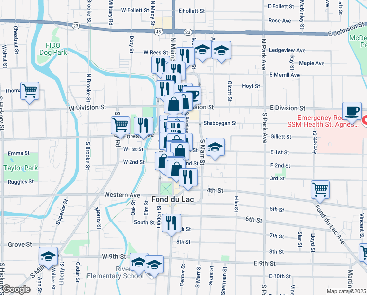 map of restaurants, bars, coffee shops, grocery stores, and more near 16 East 1st Street in Fond du Lac