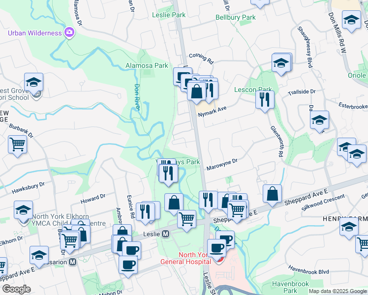 map of restaurants, bars, coffee shops, grocery stores, and more near 25 Adra Grado Way in Toronto