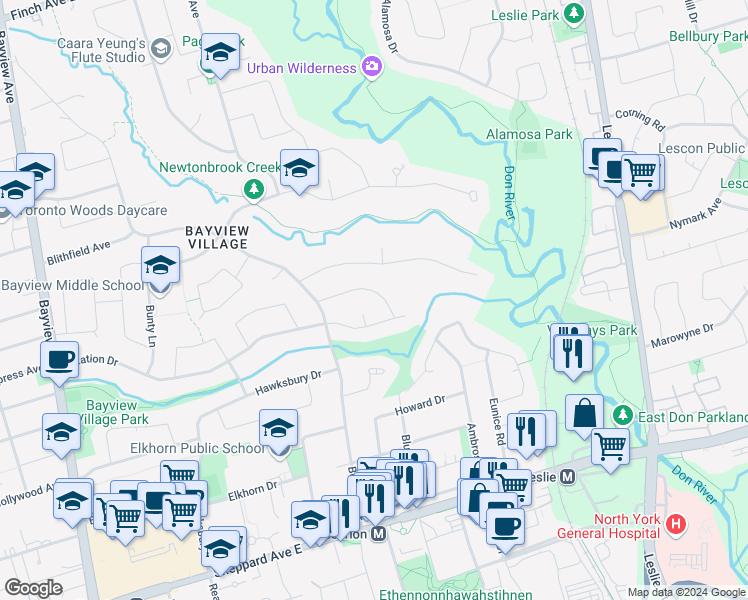 map of restaurants, bars, coffee shops, grocery stores, and more near 21 Tally Lane in Toronto