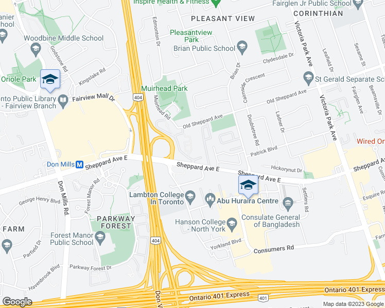 map of restaurants, bars, coffee shops, grocery stores, and more near 2035 Sheppard Avenue East in Toronto