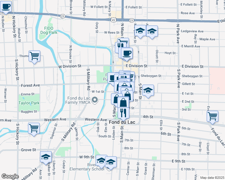 map of restaurants, bars, coffee shops, grocery stores, and more near 90 South Macy Street in Fond du Lac