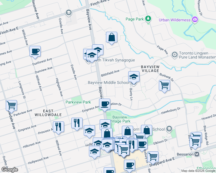 map of restaurants, bars, coffee shops, grocery stores, and more near 15 Whitelock Crescent in Toronto