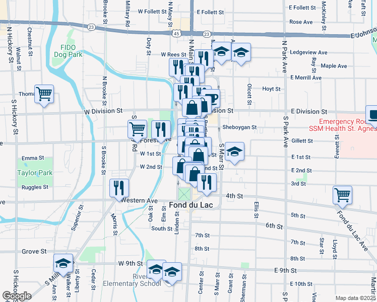 map of restaurants, bars, coffee shops, grocery stores, and more near 104 South Main Street in Fond du Lac