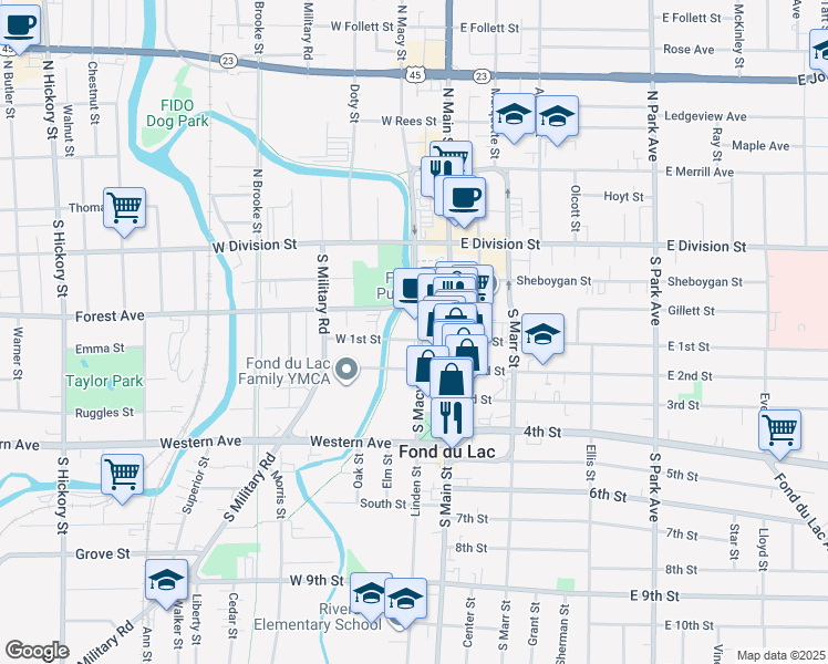 map of restaurants, bars, coffee shops, grocery stores, and more near 90 South Macy Street in Fond du Lac