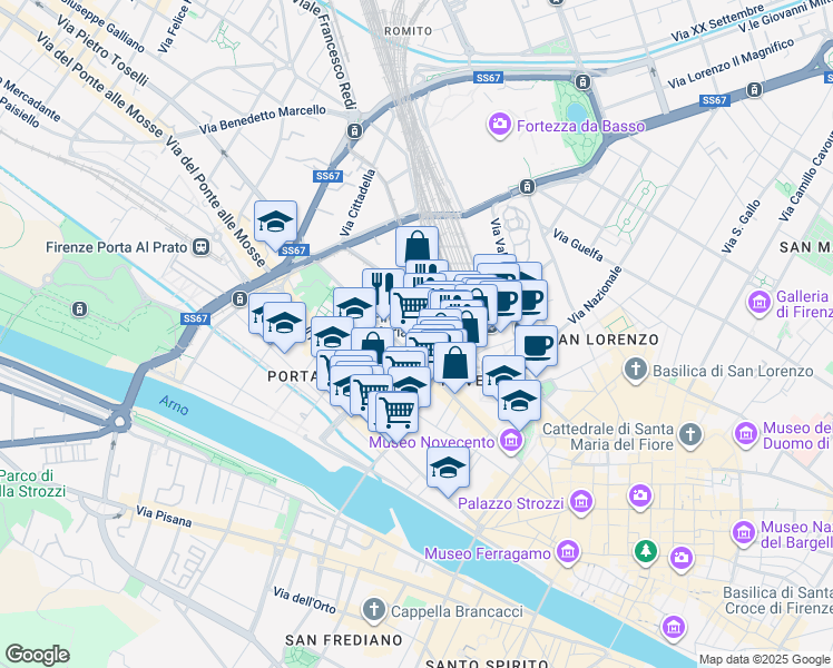 map of restaurants, bars, coffee shops, grocery stores, and more near 17 Via degli Orti Oricellari in Firenze