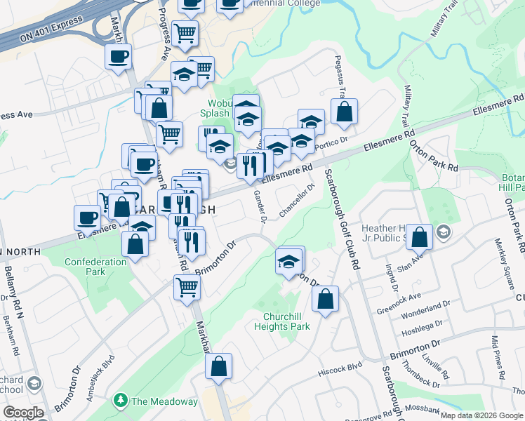 map of restaurants, bars, coffee shops, grocery stores, and more near Gander Drive in Toronto