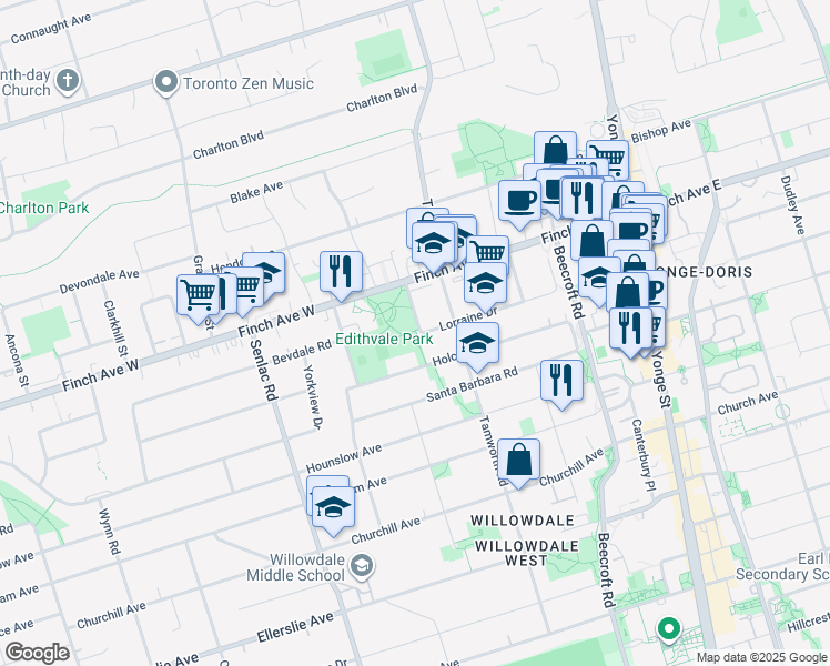 map of restaurants, bars, coffee shops, grocery stores, and more near in Toronto
