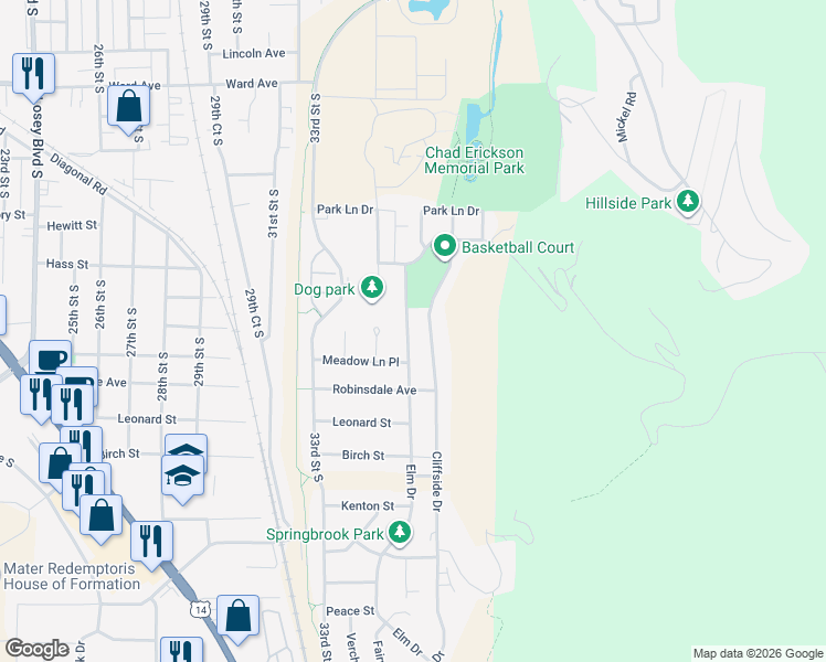 map of restaurants, bars, coffee shops, grocery stores, and more near 3205 Elm Drive in La Crosse