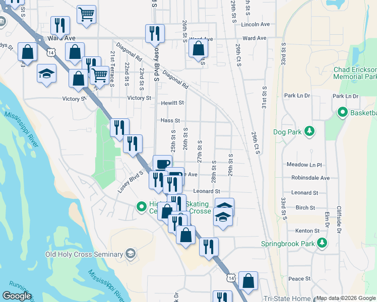 map of restaurants, bars, coffee shops, grocery stores, and more near 2611 Highland Street in La Crosse