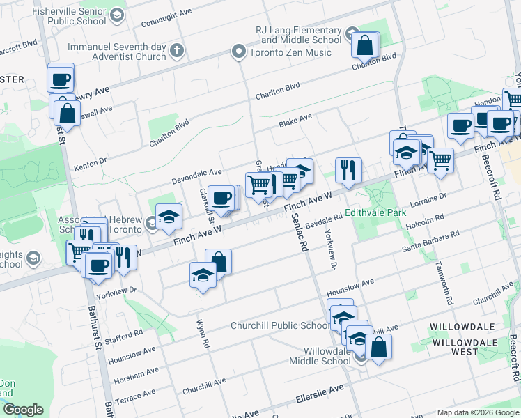 map of restaurants, bars, coffee shops, grocery stores, and more near 200 Finch Avenue West in Toronto