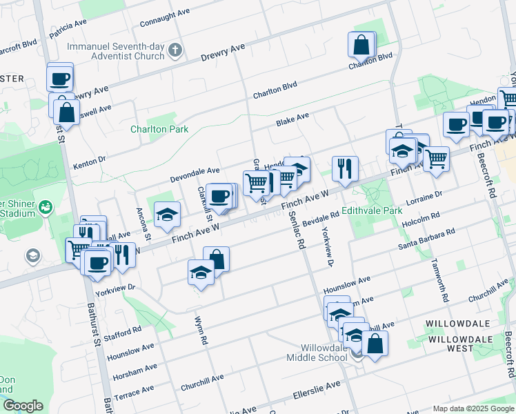 map of restaurants, bars, coffee shops, grocery stores, and more near 200 Finch Avenue West in Toronto