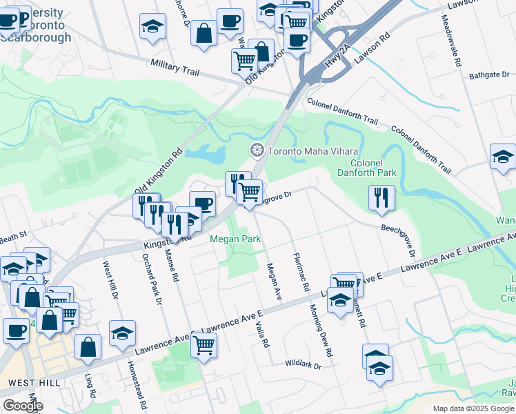 map of restaurants, bars, coffee shops, grocery stores, and more near 384 Beechgrove Drive in Toronto