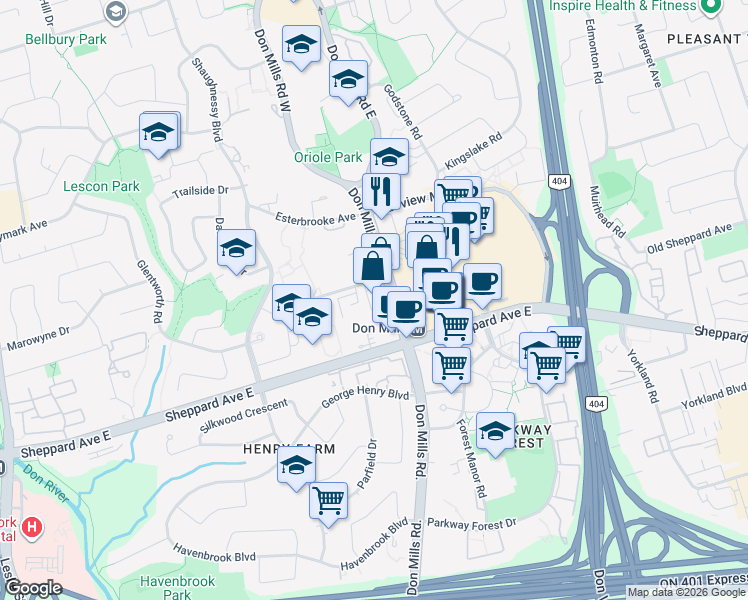 map of restaurants, bars, coffee shops, grocery stores, and more near 2600 Don Mills Road in Toronto