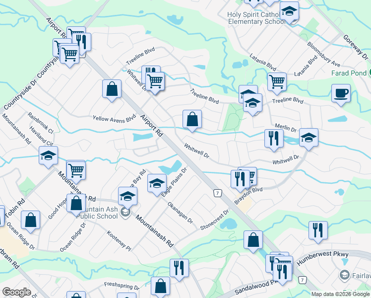 map of restaurants, bars, coffee shops, grocery stores, and more near 79 Whitwell Drive in Brampton