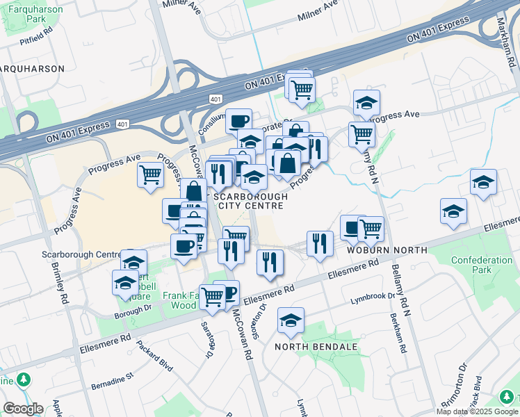map of restaurants, bars, coffee shops, grocery stores, and more near 111 Grangeway Avenue in Toronto