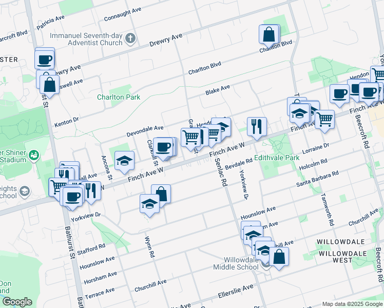 map of restaurants, bars, coffee shops, grocery stores, and more near 200 Finch Avenue West in Toronto