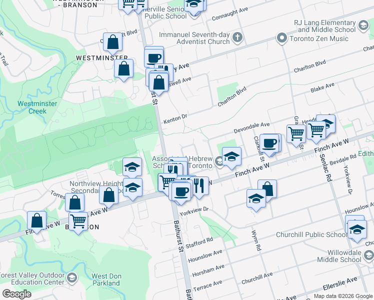 map of restaurants, bars, coffee shops, grocery stores, and more near 32 Dromore Crescent in Toronto