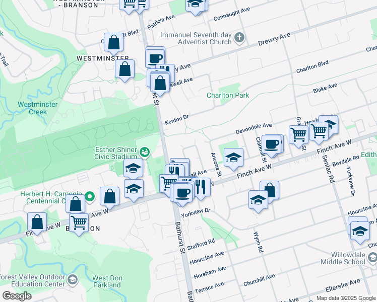 map of restaurants, bars, coffee shops, grocery stores, and more near in Toronto
