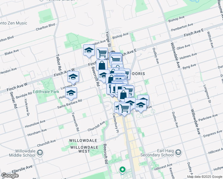 map of restaurants, bars, coffee shops, grocery stores, and more near 5444 Yonge Street in Toronto