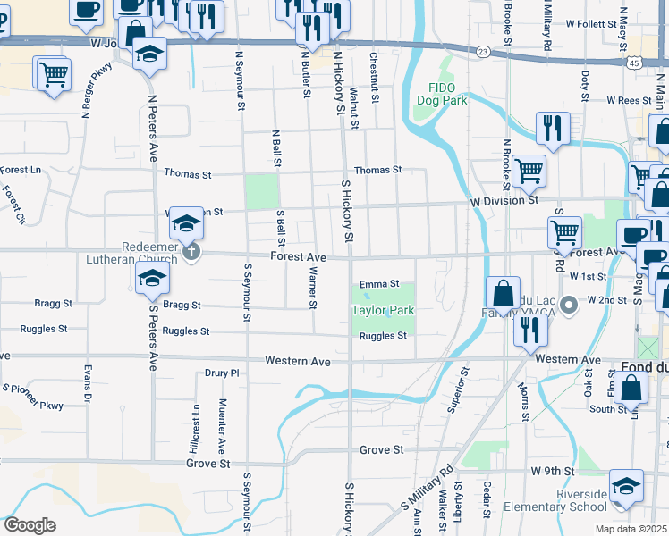 map of restaurants, bars, coffee shops, grocery stores, and more near 92 South Hickory Street in Fond du Lac