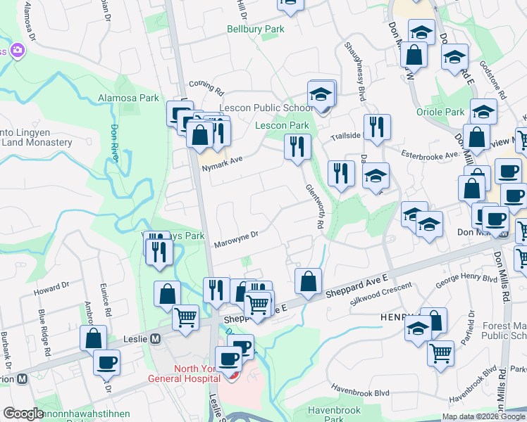 map of restaurants, bars, coffee shops, grocery stores, and more near 5 Clareville Crescent in Toronto