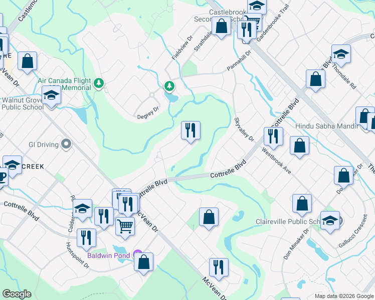 map of restaurants, bars, coffee shops, grocery stores, and more near 72 Midsummer Drive in Brampton