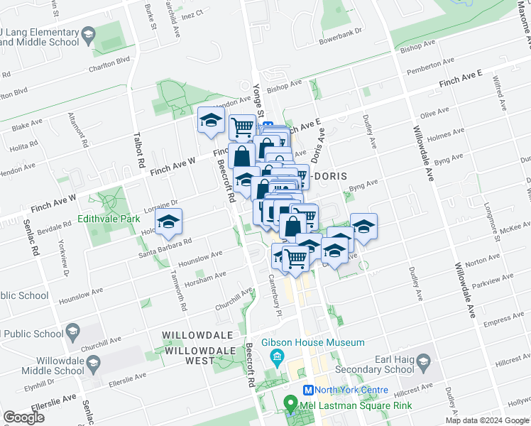 map of restaurants, bars, coffee shops, grocery stores, and more near 5440 Yonge Street in Toronto