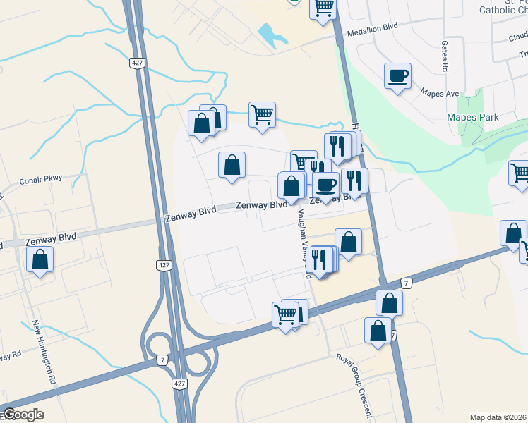 map of restaurants, bars, coffee shops, grocery stores, and more near 111 Zenway Boulevard in Vaughan