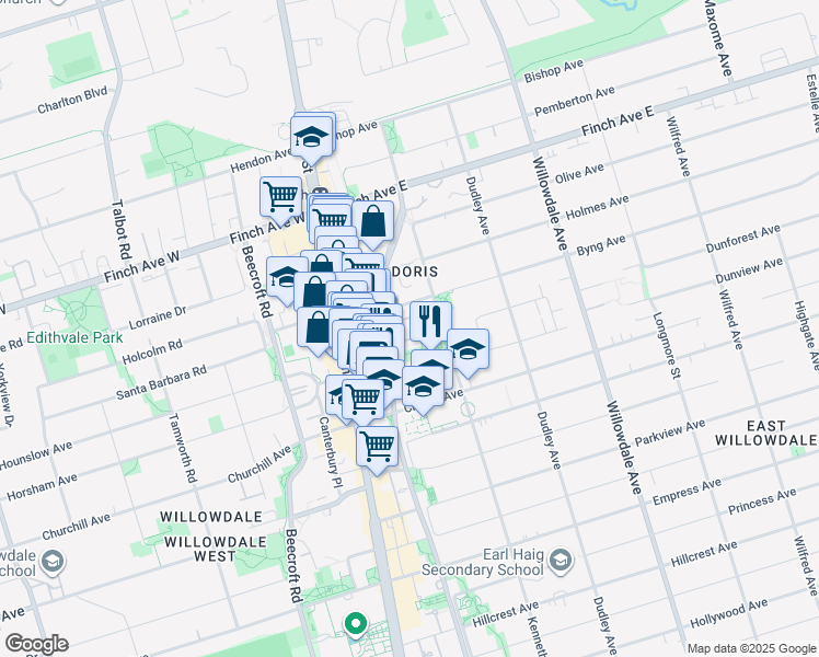 map of restaurants, bars, coffee shops, grocery stores, and more near 28 Sommerset Way in Toronto
