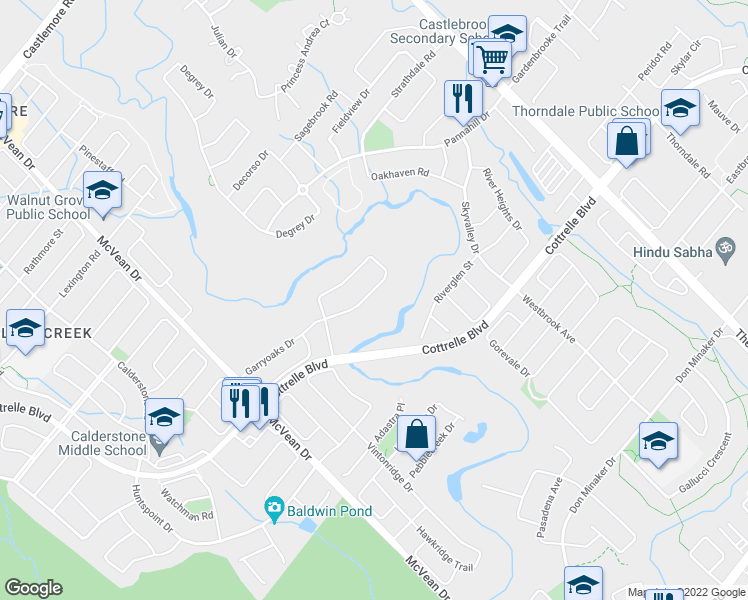 map of restaurants, bars, coffee shops, grocery stores, and more near 72 Midsummer Drive in Brampton