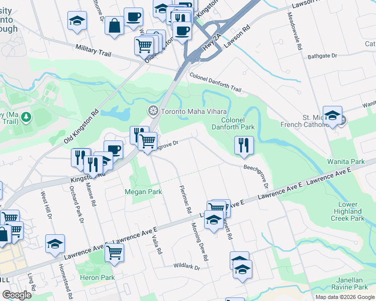 map of restaurants, bars, coffee shops, grocery stores, and more near 54 Minnacote Avenue in Toronto