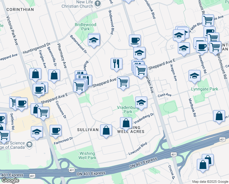 map of restaurants, bars, coffee shops, grocery stores, and more near in Toronto