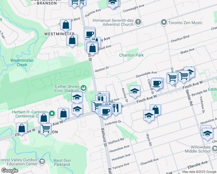 map of restaurants, bars, coffee shops, grocery stores, and more near in Toronto