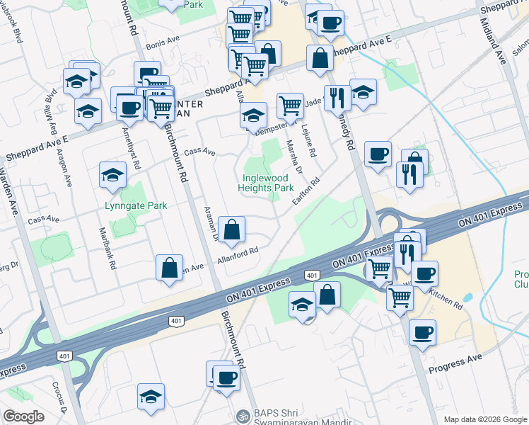 map of restaurants, bars, coffee shops, grocery stores, and more near 39 Earlton Road in Toronto