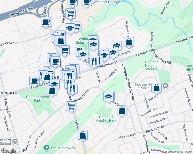 map of restaurants, bars, coffee shops, grocery stores, and more near 20 Gander Drive in Toronto