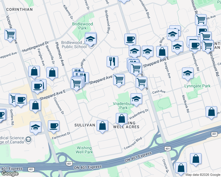 map of restaurants, bars, coffee shops, grocery stores, and more near 75 Highhill Drive in Toronto