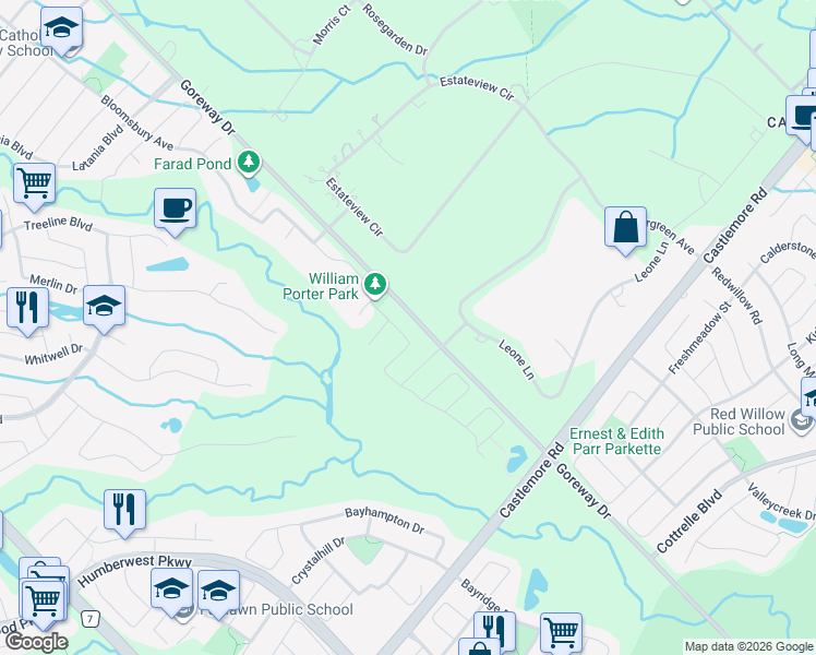 map of restaurants, bars, coffee shops, grocery stores, and more near 21 Valleywest Road in Brampton