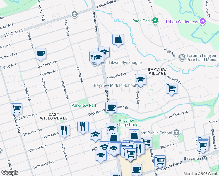 map of restaurants, bars, coffee shops, grocery stores, and more near 16 Whitelock Crescent in Toronto