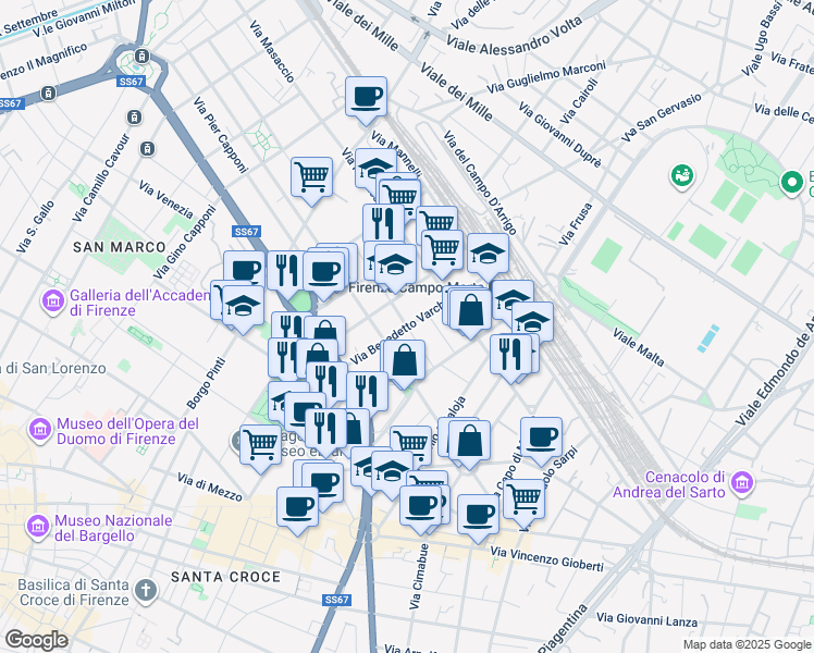 map of restaurants, bars, coffee shops, grocery stores, and more near 19 Via Benedetto Varchi in Florence