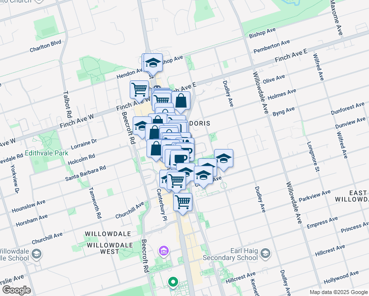 map of restaurants, bars, coffee shops, grocery stores, and more near 500 Doris Avenue in Toronto
