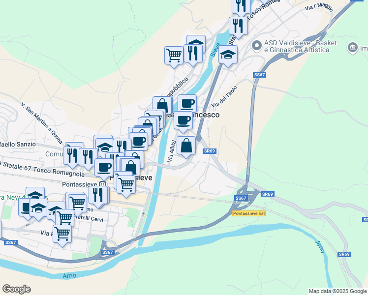 map of restaurants, bars, coffee shops, grocery stores, and more near Via Padre Reginaldo Giuliani in San Francesco