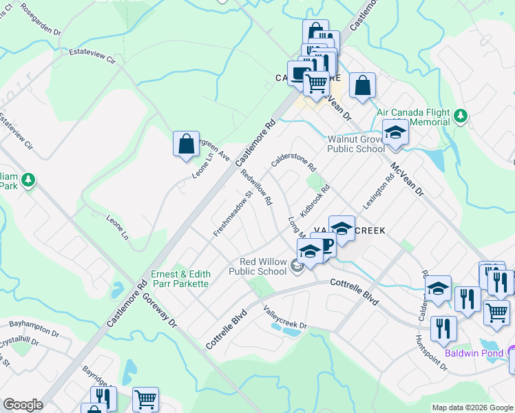 map of restaurants, bars, coffee shops, grocery stores, and more near 11 Timberwolf Road in Brampton